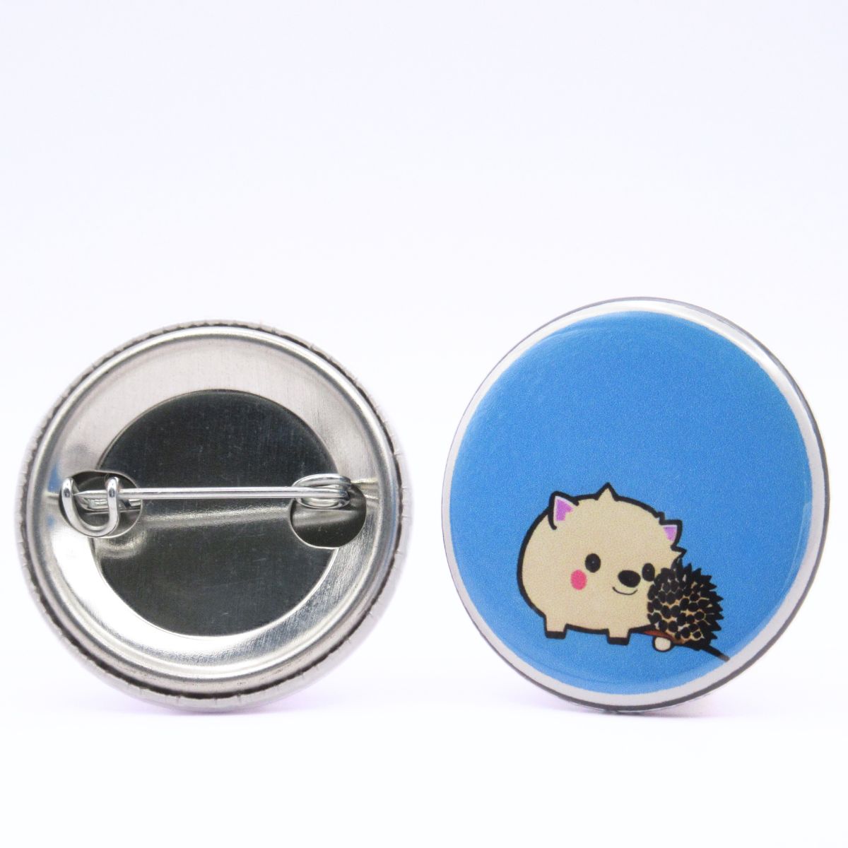 BooBooRoo Pinback Button (i.e. button, badge, pin) of an Adorable Hedgehog. Image showing front and back of high-quality metal button.