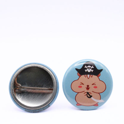 BooBooRoo Pinback Button (i.e. button, badge, pin) of a cute hamster dressed like a pirate. Image showing front and back of high-quality metal button.