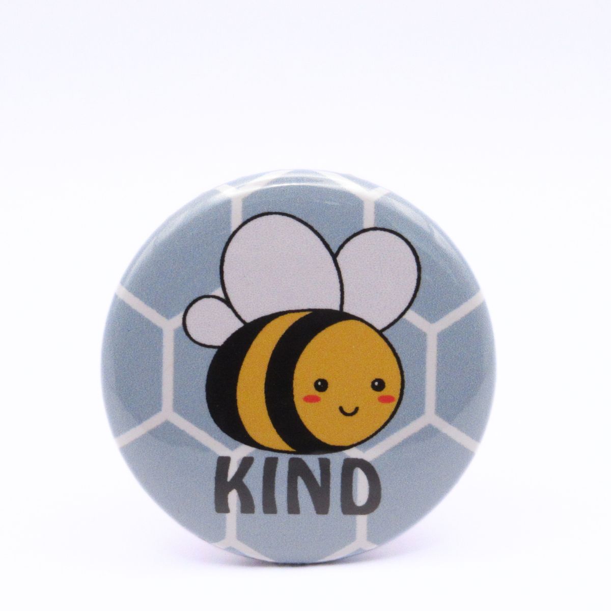 BooBooRoo Pinback Button (i.e. button, badge, pin) of a Cute Kawaii Style Bee with the pun Bee Kind.