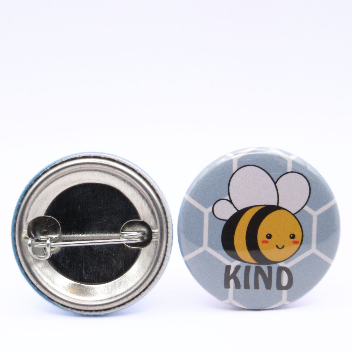 BooBooRoo Pinback Button (i.e. button, badge, pin) of a Cute Kawaii Style Bee with the pun Bee Kind. Image showing front and back of high-quality metal button.