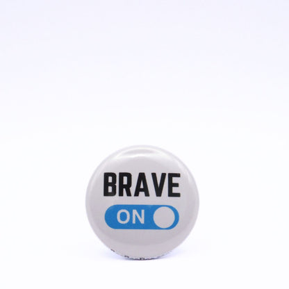 BooBooRoo Pinback Button (i.e. button, badge, pin) displaying brave mode is on. Blue background for mode indicator.