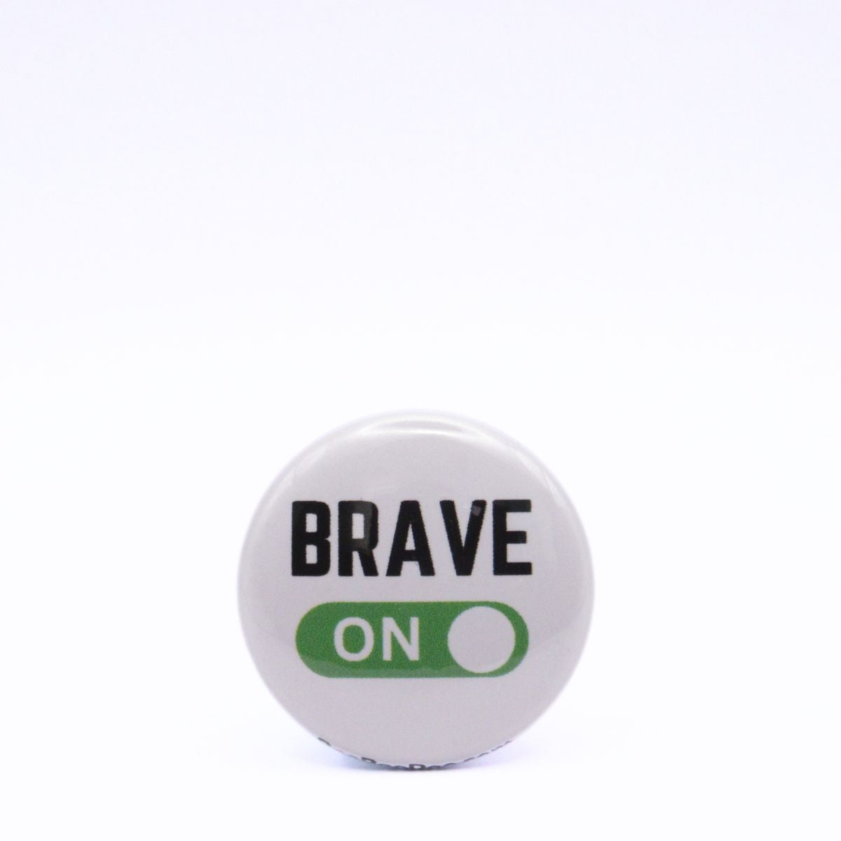 BooBooRoo Pinback Button (i.e. button, badge, pin) displaying brave mode is on. Green background for mode indicator.