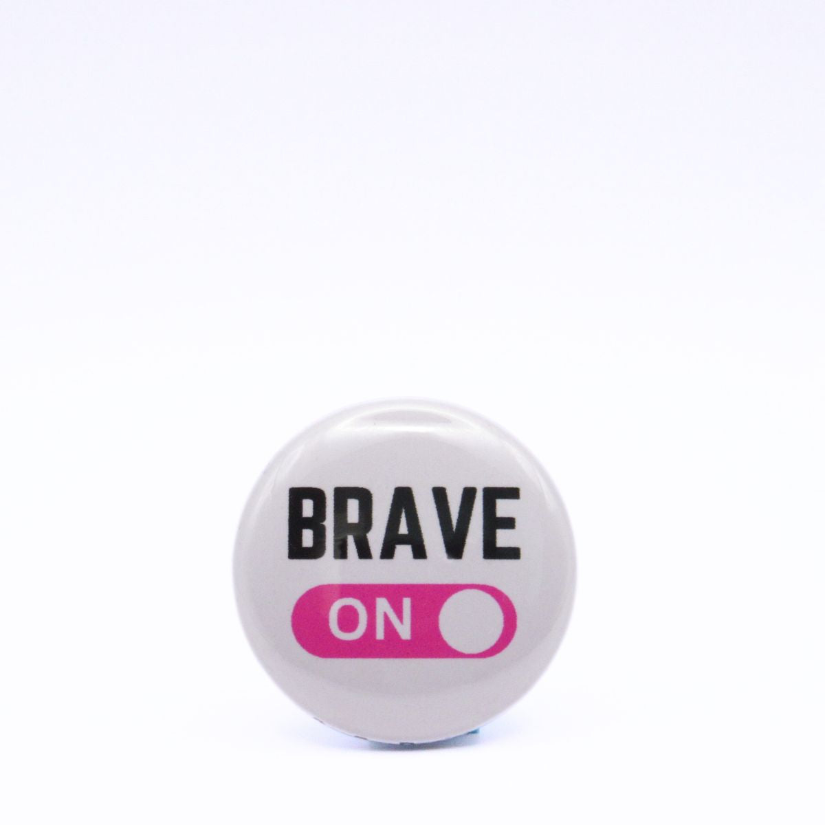 BooBooRoo Pinback Button (i.e. button, badge, pin) displaying brave mode is on. Pink background for mode indicator.