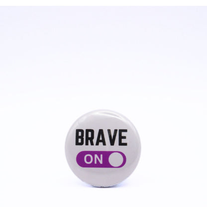 BooBooRoo Pinback Button (i.e. button, badge, pin) displaying brave mode is on. Purple background for mode indicator.