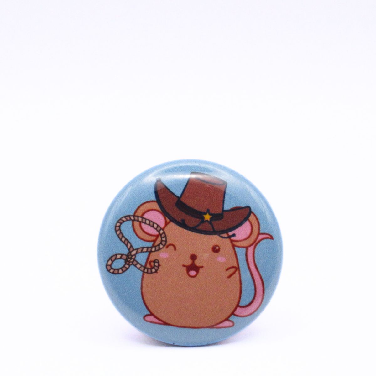 BooBooRoo Pinback Button (i.e. button, badge, pin) displaying a mouse with a cowboy hat and lasso.
