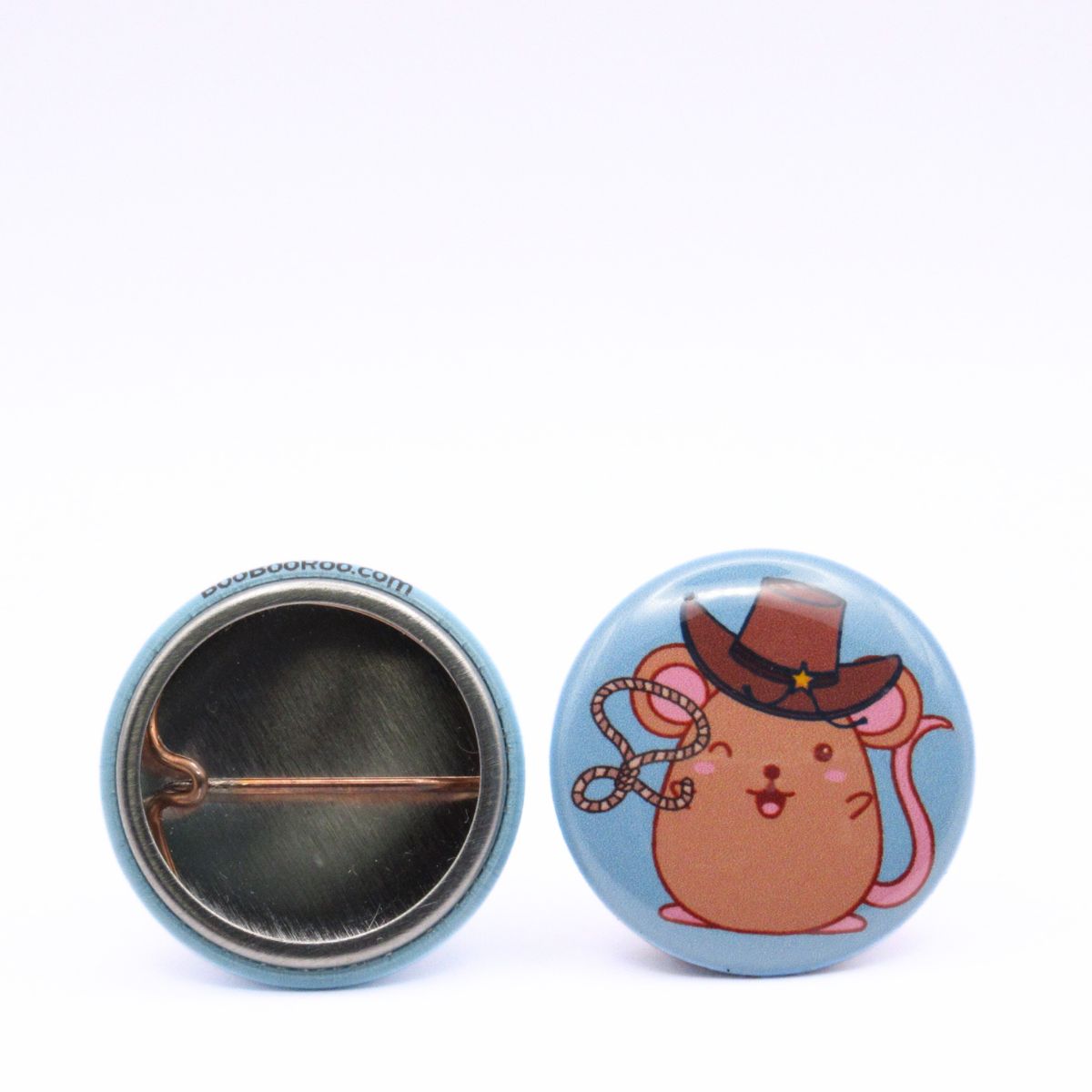 BooBooRoo Pinback Button (i.e. button, badge, pin) displaying a mouse with a cowboy hat and lasso. Image showing front and back of high-quality metal button.
