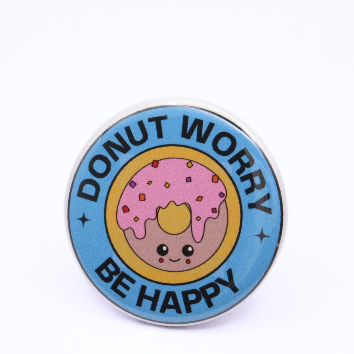 BooBooRoo Pinback Button (i.e. button, badge, pin) of a Cute Kawaii Style donut with the saying "Donut Worry, Be Happy."