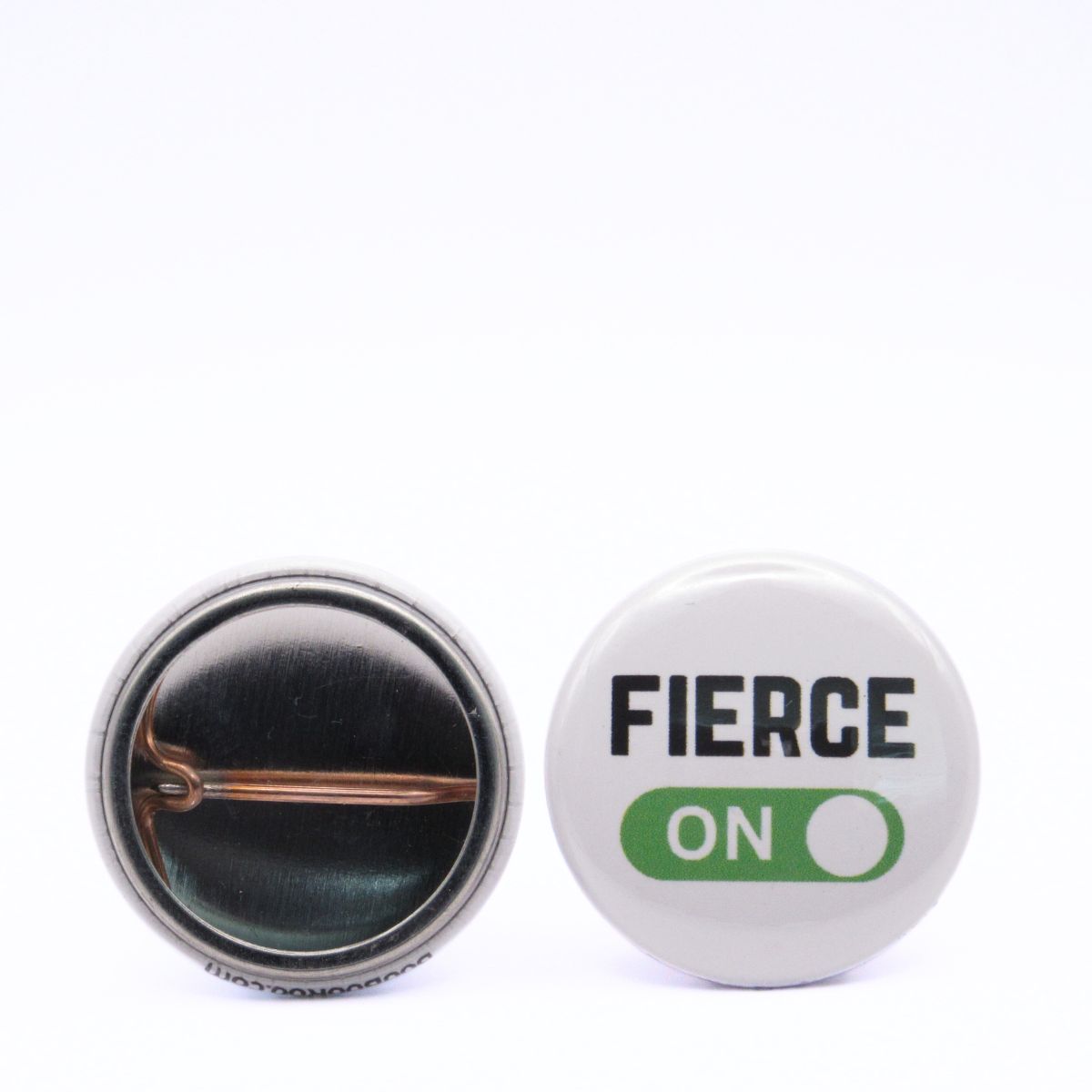 BooBooRoo Pinback Button (i.e. button, badge, pin) displaying fierce mode is on. Image showing front and back of high-quality metal button.