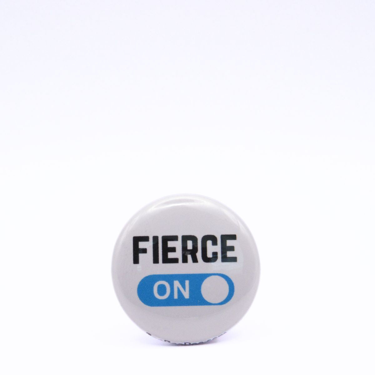 BooBooRoo Pinback Button (i.e. button, badge, pin) displaying fierce mode is on. Blue background for mode indicator.