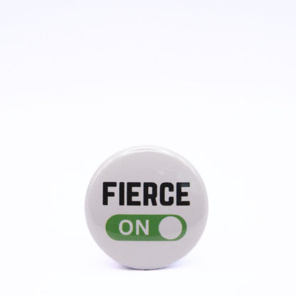BooBooRoo Pinback Button (i.e. button, badge, pin) displaying fierce mode is on. Green background for mode indicator.
