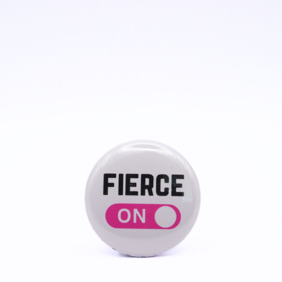 BooBooRoo Pinback Button (i.e. button, badge, pin) displaying fierce mode is on. Pink background for mode indicator.