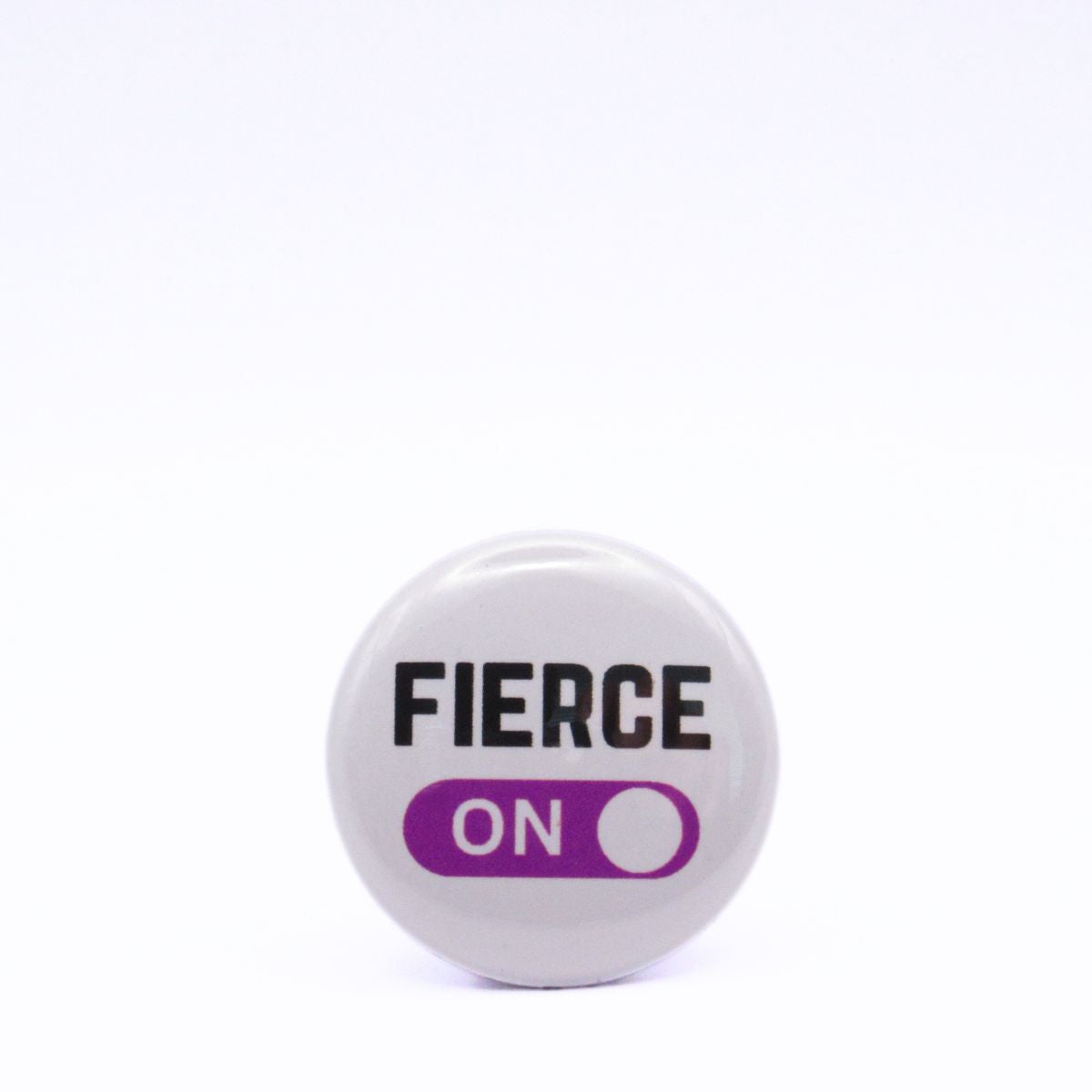 BooBooRoo Pinback Button (i.e. button, badge, pin) displaying fierce mode is on. Purple background for mode indicator.