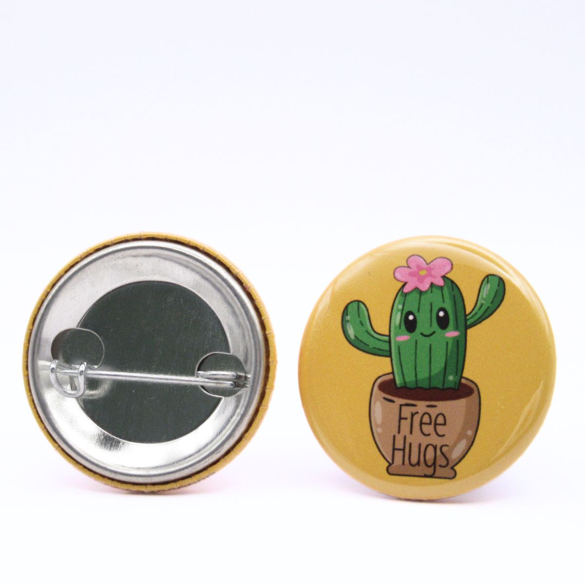 BooBooRoo Pinback Button (i.e. button, badge, pin) of a Cute Kawaii Style cactus offering free hugs. Image showing front and back of high-quality metal button.