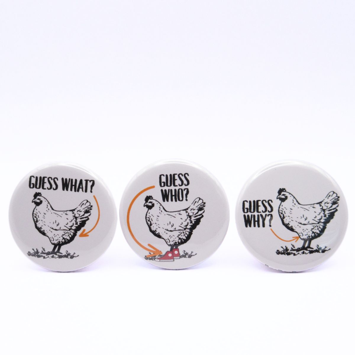 BooBooRoo Pinback Button (i.e. button, badge, pin) for the Guess What Chicken Butt, Guess Why Chicken Thigh, and Guess Who Chicken Shoe three-button pack