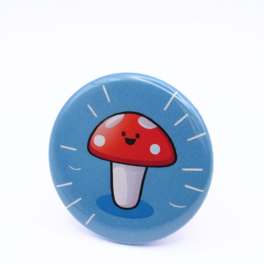 BooBooRoo Pinback Button (i.e. button, badge, pin) of a Cute Kawaii Style mushroom smiling and beaming