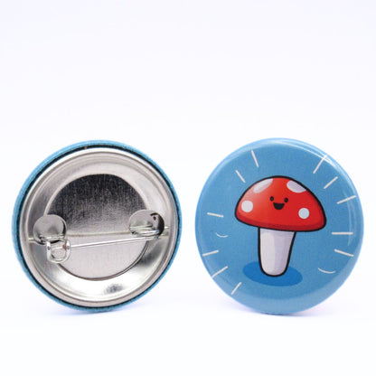 BooBooRoo Pinback Button (i.e. button, badge, pin) of a Cute Kawaii Style mushroom smiling and beaming. Image showing front and back of high-quality metal button.