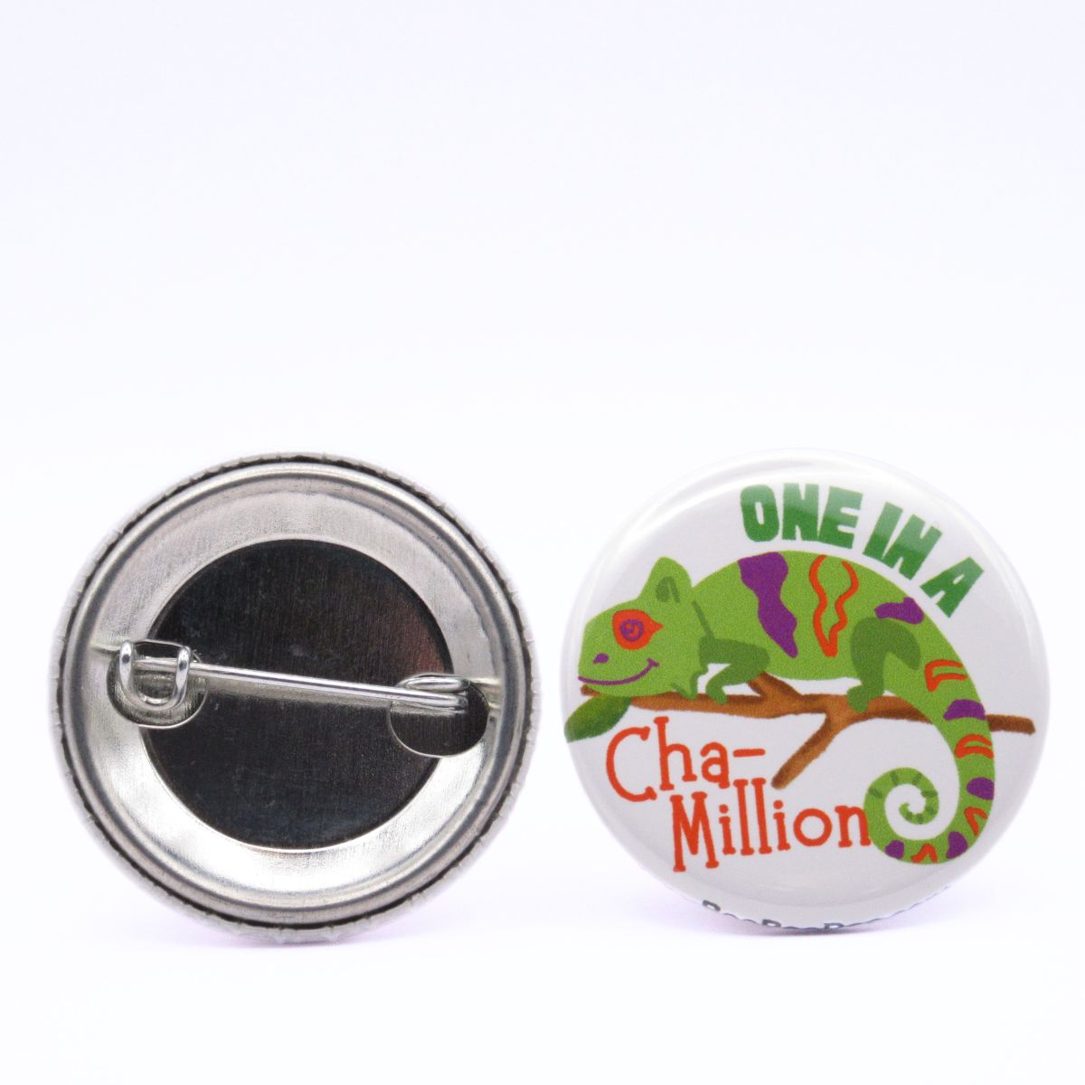 BooBooRoo Pinback Button (i.e. button, badge, pin) of a chameleon on a branch with the saying, "One in a Cha-million." Image showing front and back of high-quality metal button.