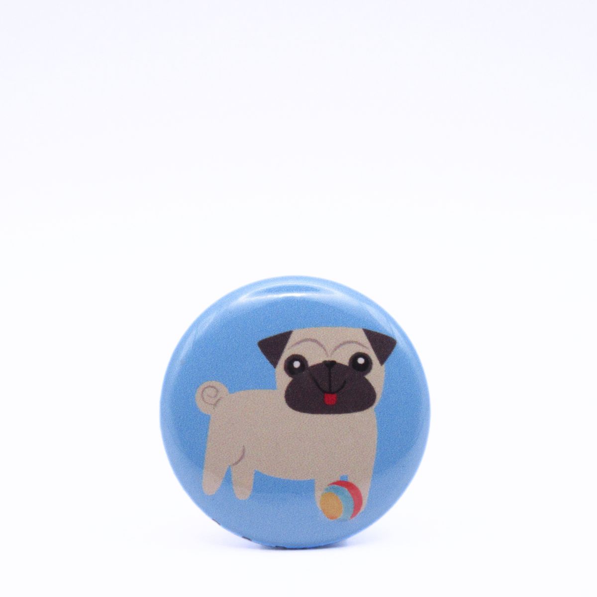 BooBooRoo Pinback Button (i.e. button, badge, pin) of a cute pug with its tongue out and a small ball in front of it