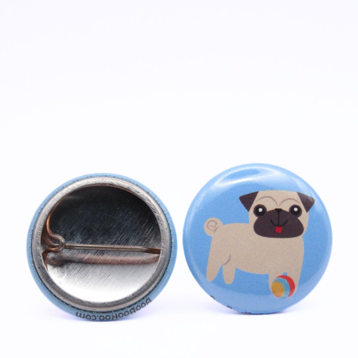BooBooRoo Pinback Button (i.e. button, badge, pin) of a cute pug with its tongue out and a small ball in front of it. Image showing front and back of high-quality metal button.