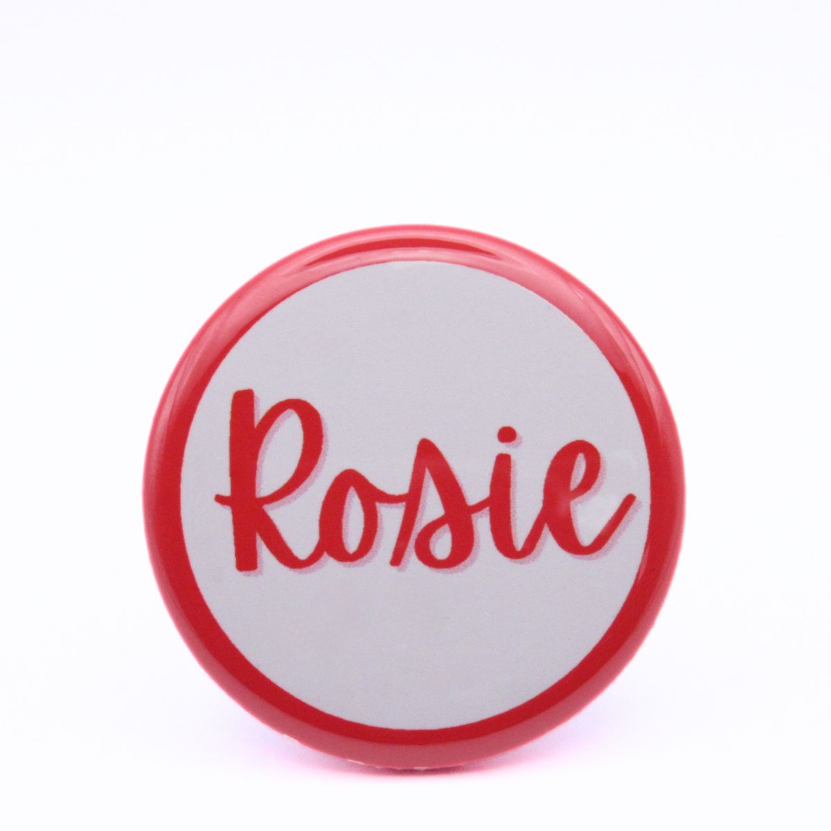 BooBooRoo Pinback Button (i.e. button, badge, pin) of a name badge with the name, "Rosie" in homage to Rosie the Riveter's uniform.