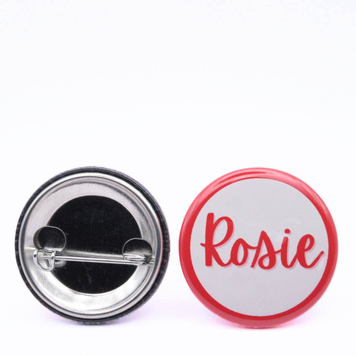 BooBooRoo Pinback Button (i.e. button, badge, pin) of a name badge with the name, "Rosie" in homage to Rosie the Riveter's uniform. Image showing front and back of high-quality metal button.