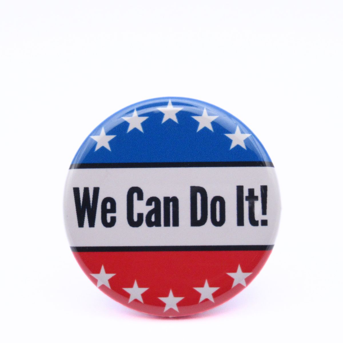 BooBooRoo Pinback Button (i.e. button, badge, pin) of Rosie the Riveter's saying of "We Can Do It!" on a red, white and blue background with white stars.