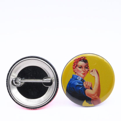 BooBooRoo Pinback Button (i.e. button, badge, pin) of the iconic Rosie the Riveter. Image showing front and back of high-quality metal button.
