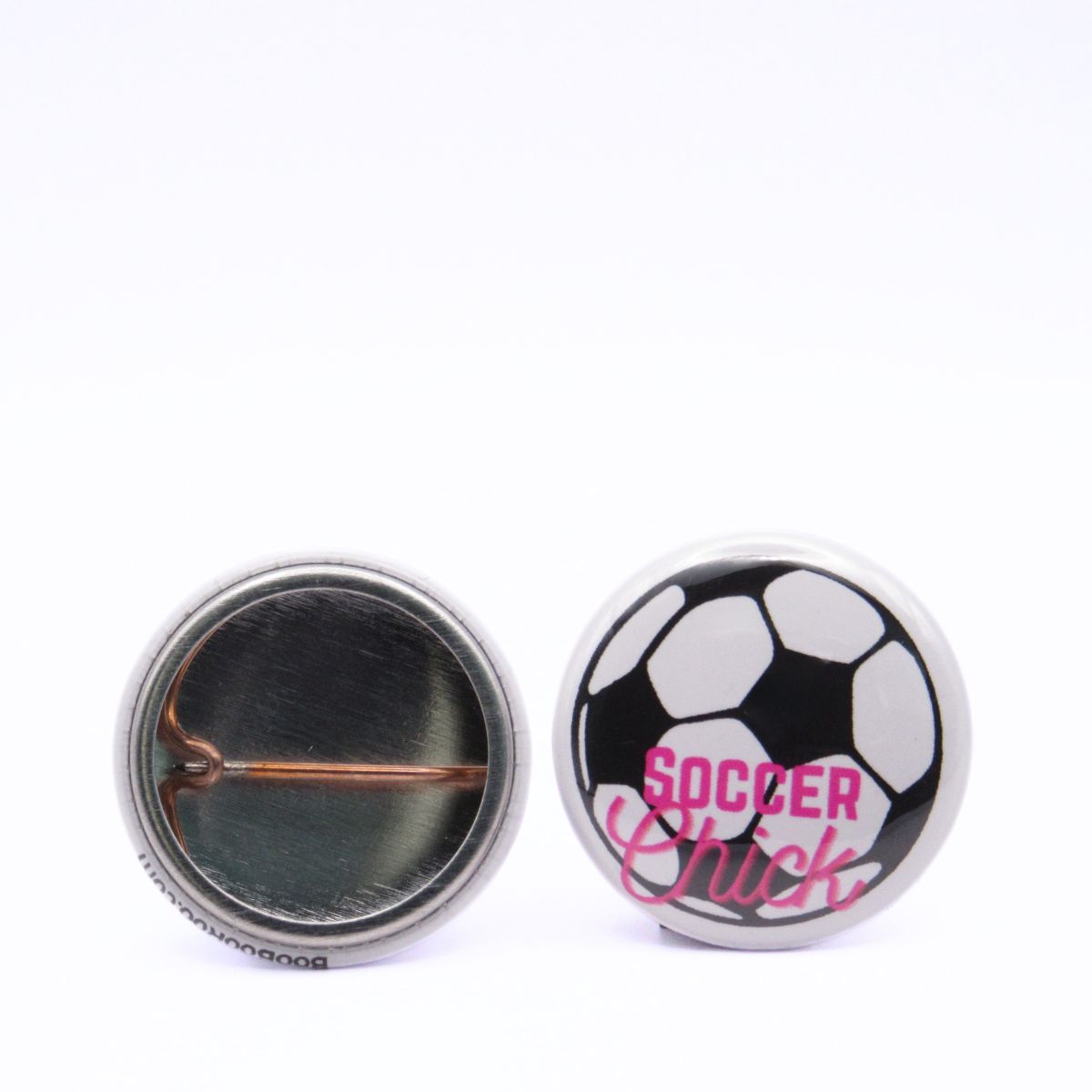 BooBooRoo Pinback Button (i.e. button, badge, pin) displaying a soccer ball and the words, "Soccer Chick." Image showing front and back of high-quality metal button.