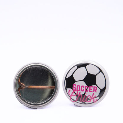 BooBooRoo Pinback Button (i.e. button, badge, pin) displaying a soccer ball and the words, "Soccer Chick." Image showing front and back of high-quality metal button.