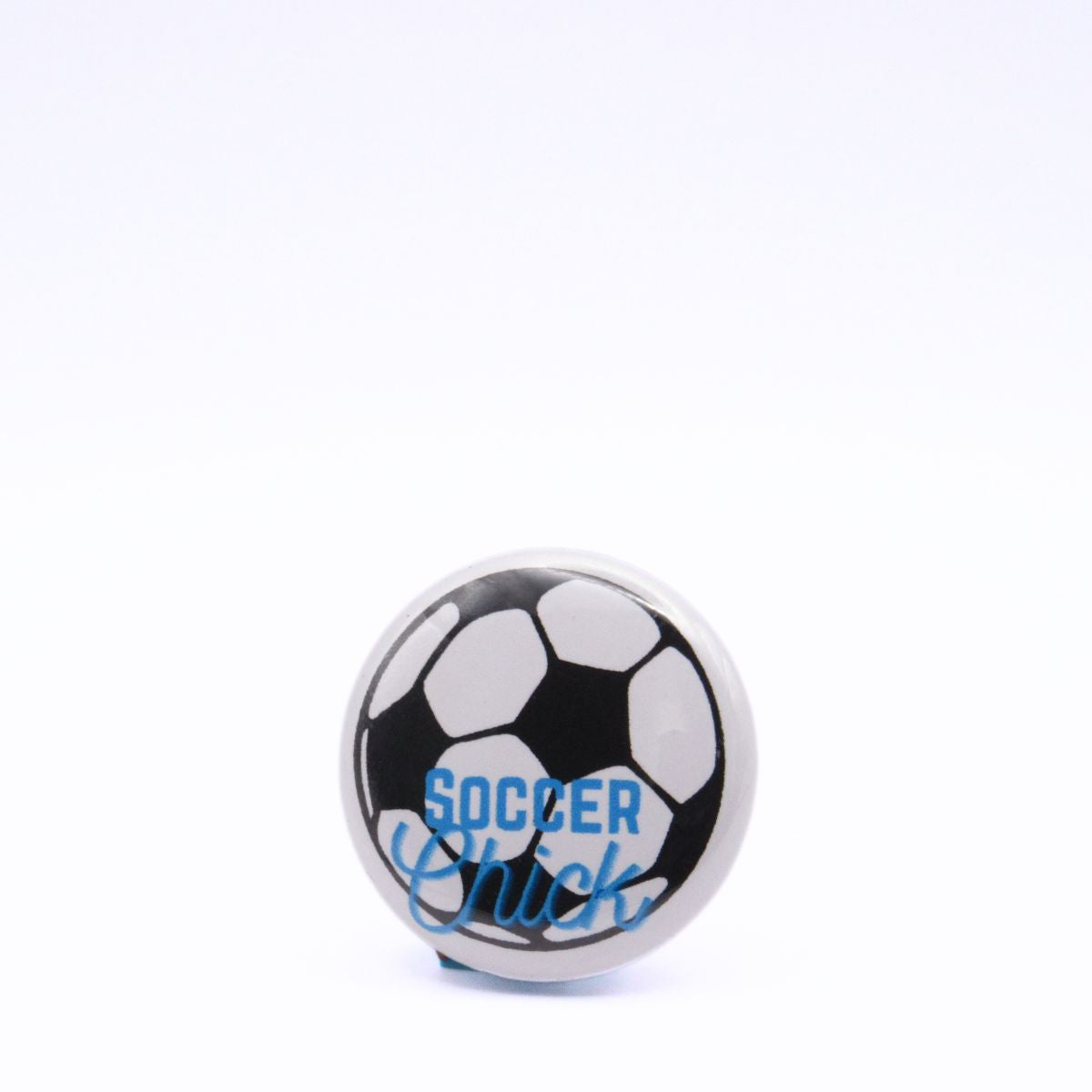 BooBooRoo Pinback Button (i.e. button, badge, pin) displaying a soccer ball and the words, "Soccer Chick." Black soccer ball with blue text.