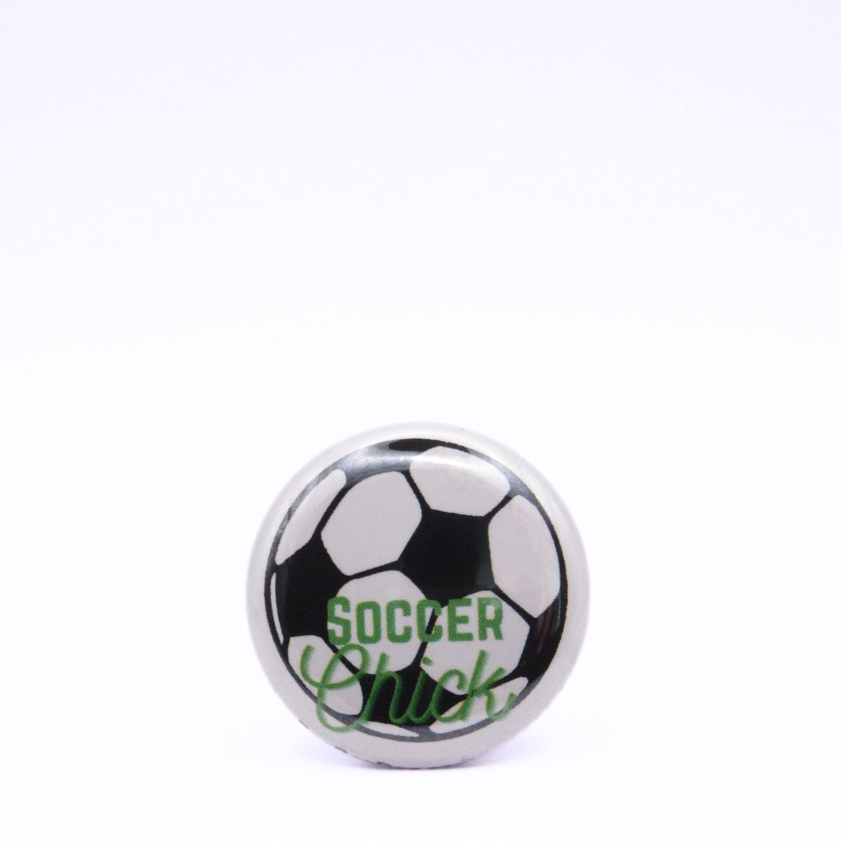 BooBooRoo Pinback Button (i.e. button, badge, pin) displaying a soccer ball and the words, "Soccer Chick." Black soccer ball with green text.