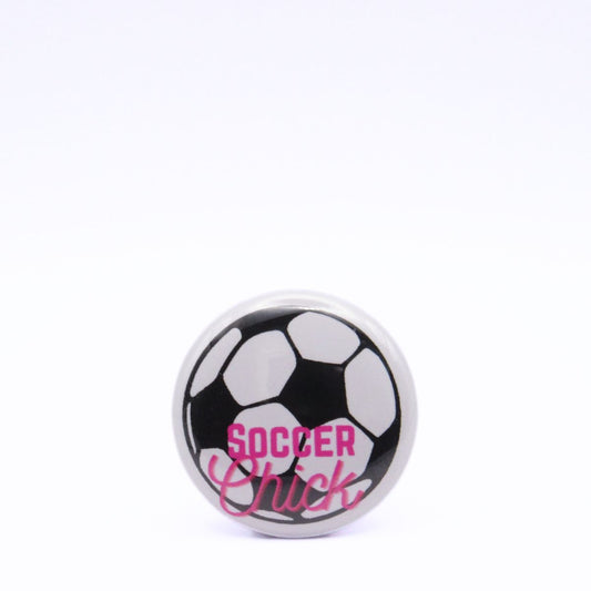 BooBooRoo Pinback Button (i.e. button, badge, pin) displaying a soccer ball and the words, "Soccer Chick." Black soccer ball with pink text.