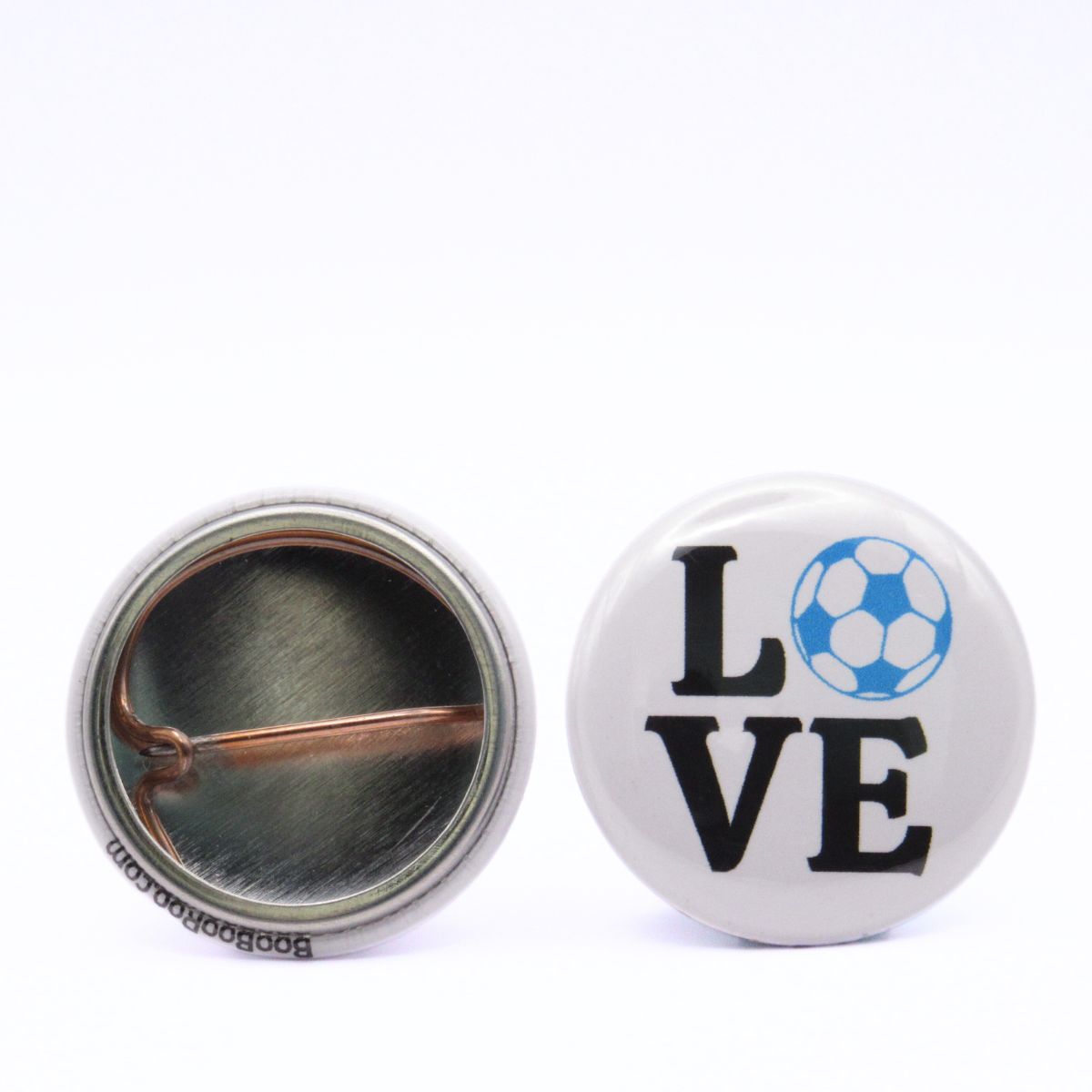 BooBooRoo Pinback Button (i.e. button, badge, pin) displaying the word "Love" with the "O" replaced by a soccer ball. Image showing front and back of high-quality metal button.