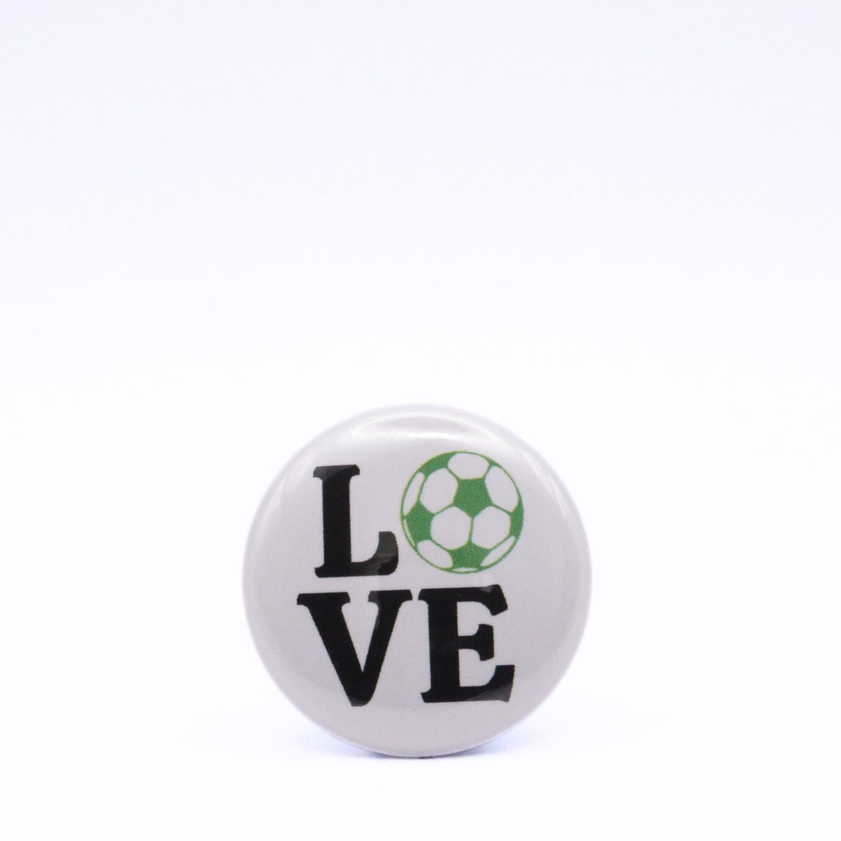 BooBooRoo Pinback Button (i.e. button, badge, pin) displaying the word "Love" with the "O" replaced by a soccer ball. Green soccer ball with black text.