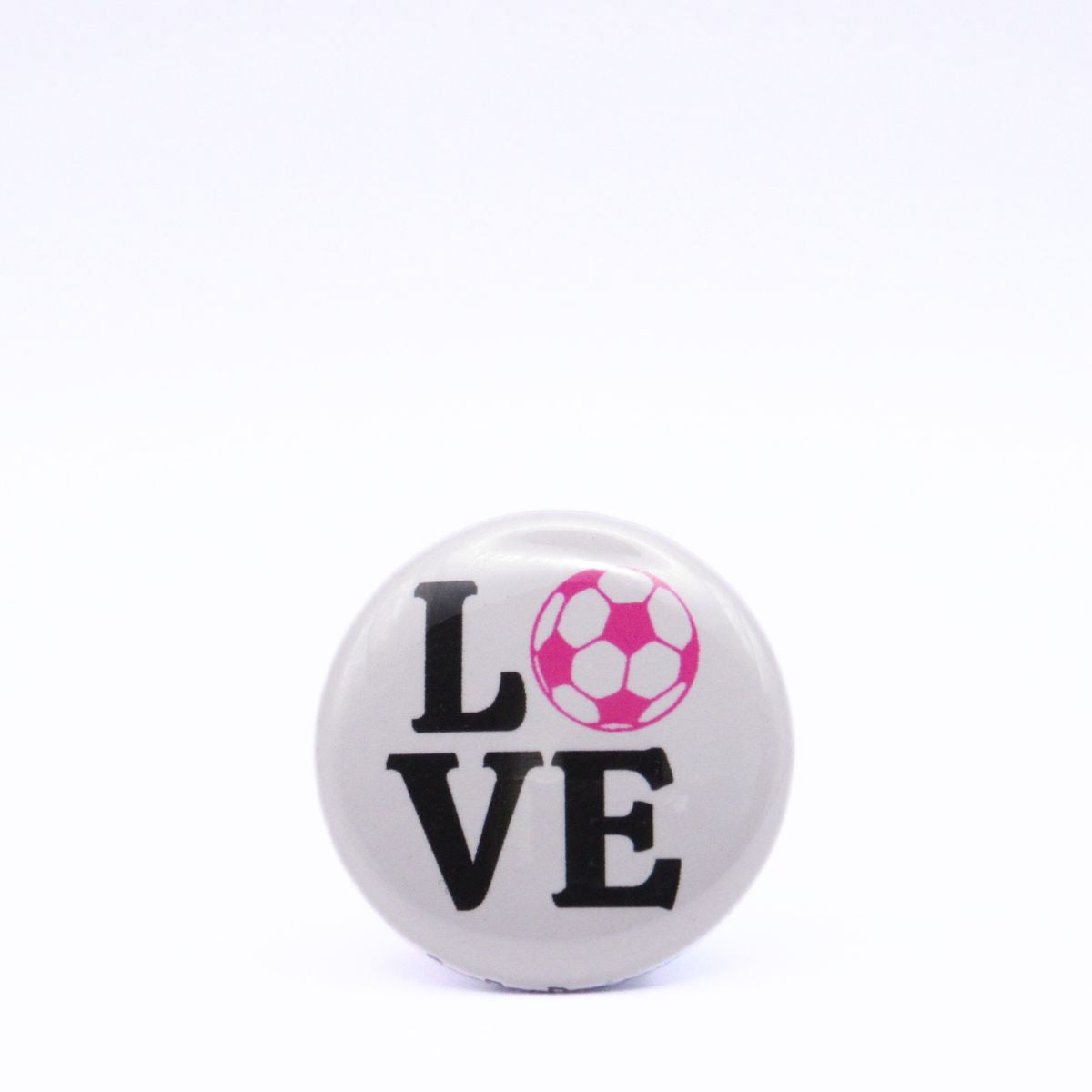 BooBooRoo Pinback Button (i.e. button, badge, pin) displaying the word "Love" with the "O" replaced by a soccer ball. Pink soccer ball with black text.