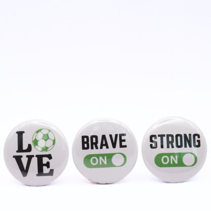 BooBooRoo Pinback Button (i.e. button, badge, pin) 3-pack displaying soccer love, fierce mode on, and strong mode on. Green background for mode indicator and soccer ball.