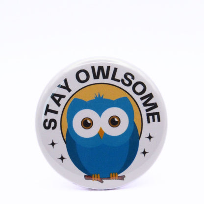 BooBooRoo Pinback Button (i.e. button, badge, pin) of a Cute blue owl with the text "Stay Owlsome."