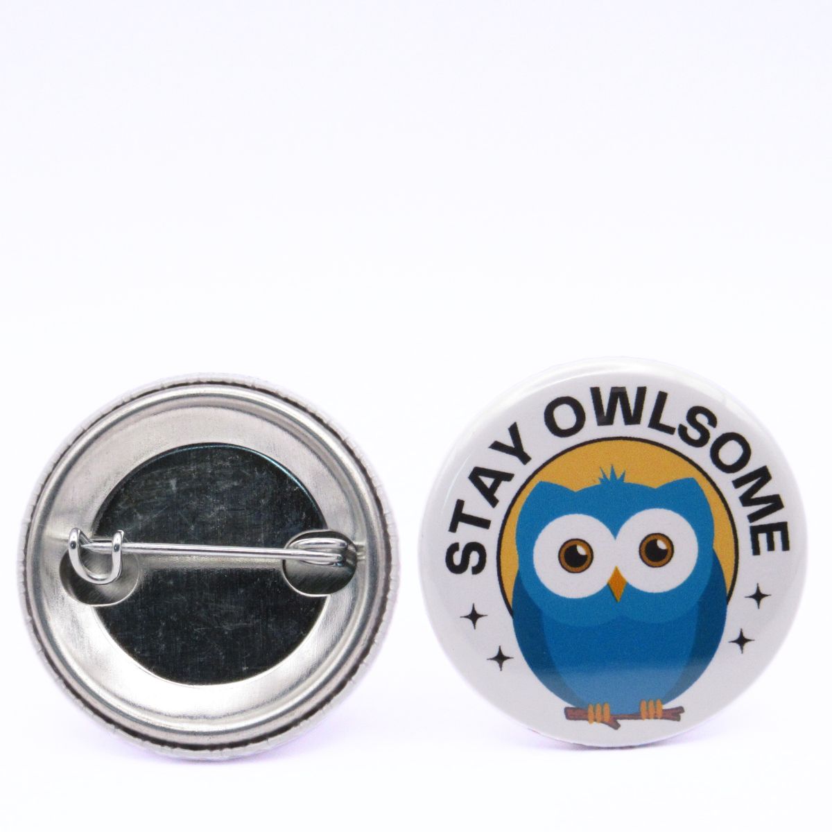 BooBooRoo Pinback Button (i.e. button, badge, pin) of a Cute blue owl with the text "Stay Owlsome." Image showing front and back of high-quality metal button.